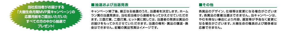 当社担当者がお届けする「大樹生命 月間MVP賞キャンペーン」の応募用紙をご提出いただいたすべての方の中から抽選でプレゼント!