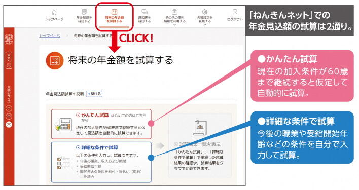 「ねんきんネット」での年金見込額の試算は2通り。　●かんたん試算 現在の加入条件が60歳以上まで継続すると仮定して自動的に試算　●詳細な条件で試算 今後の職業や受給開始年齢などの条件を自分で入力して試算。