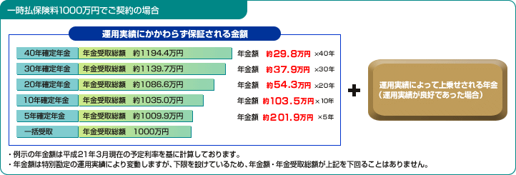 一時払保険料1000万円でご契約の場合
運用実績にかかわらず保証される金額
40年確定年金・年金受取総額　約1,194.4万円・年金額　約29.8万円×40年
30年確定年金・年金受取総額　約1,139.7万円・年金額　約37.9万円×30年
20年確定年金・年金受取総額　約1,086.6万円・年金額　約54.3万円×20年
10年確定年金・年金受取総額　約1,035.0万円・年金額　約103.5万円×10年
5年確定年金・年金受取総額　約1,009.9万円・年金額　約201.9万円×5年
一括受取・年金受取総額　1,000万円
例示の年金額は平成21年３月現在の予定利率を基に計算しております。
年金額は特別勘定の運用実績により変動しますが、下限を設けているため、年金額・年金受取総額が上記を下回ることはありません。