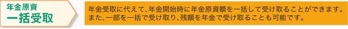 年金開始時に選択できる年金種類　年金原資一括受取　年金のお受け取りに代えて、年金開始時に年金原資額を一括して受け取ることができます。また、一部を一括で受け取り、残額を年金で受け取ることも可能です。