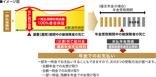 ・据置（運用）期間中に被保険者が死亡された場合　遺族年金支払特約に基づき、（災害）死亡給付金を年金でお支払いします。・年金支払期間中に被保険者が死亡された場合　遺族後継年金支払特約に基づき、未払年金現価を年金でお支払いします。・３つの受取方法　一部を一時金でお支払いすることもできますので、次の３つの受取方法が選べます。・全額年金でのお受け取り　・全額一時金でのお受け取り　・一部一時金、残額を年金でのお受け取り