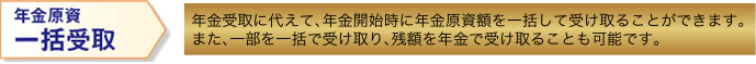 年金開始時に選択できる年金種類　年金原資一括受取　年金のお受け取りに代えて、年金開始時に年金原資額を一括して受け取ることができます。また、一部を一括で受け取り、残額を年金で受け取ることも可能です。