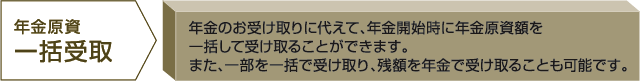 年金開始時に選択できる年金種類　年金原資一括受取　年金のお受け取りに代えて、年金開始時に年金原資額を一括して受け取ることができます。また、一部を一括で受け取り、残額を年金で受け取ることも可能です。