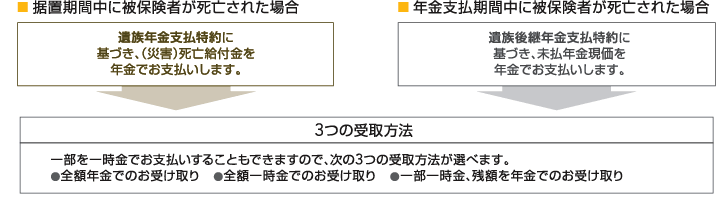 ・据置期間中に被保険者が死亡された場合 遺族年金支払特約に基づき、(災害)死亡給付金を年金でお支払いします。・年金支払期間中に被保険者が死亡された場合 遺族後継年金支払特約に基づき、未払年金現価を年金でお支払いします。・3つの受取方法 一部を一時金でお支払いすることもできますので、次の3つの受取方法が選べます。・全額年金でのお受け取り ・全額一時金でのお受け取り ・一部一時金、残額を年金でのお受け取り